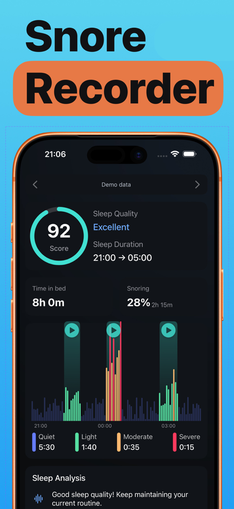Snorly app dashboard displaying sleep quality score and snoring analysis graph