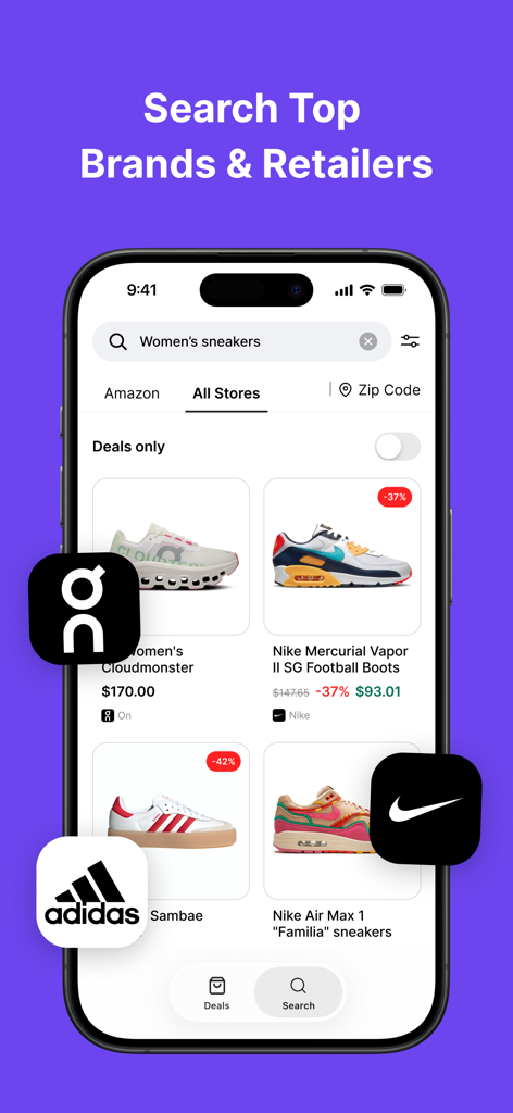 Haul Shopping - Haul Shopping app interface showing search results for sneakers from Nike, Adidas, and On with visible price discounts.