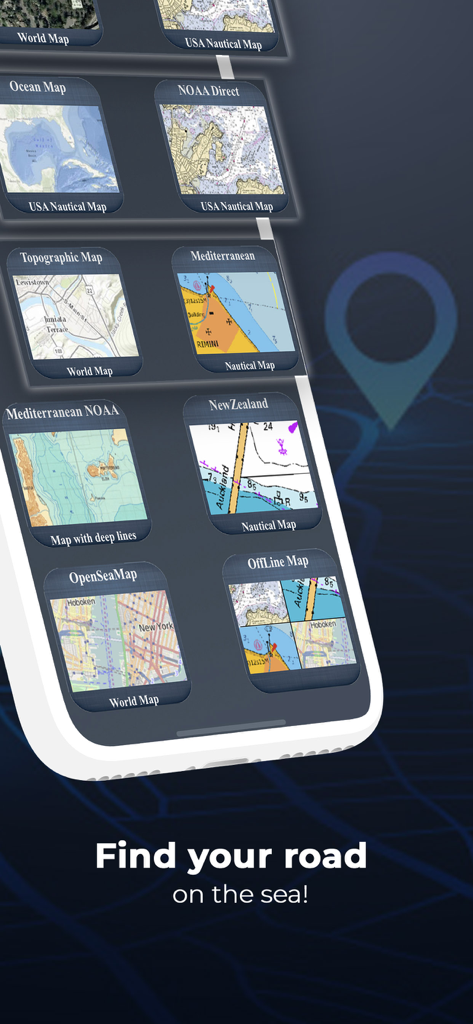 Oberfläche der Marine Navigation App, die eine Auswahl an nautischen topografischen und Offline-Karten anzeigt