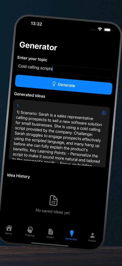 Seagull Rope - Seagull Rope app screen for generating AI sales scripts and scenarios