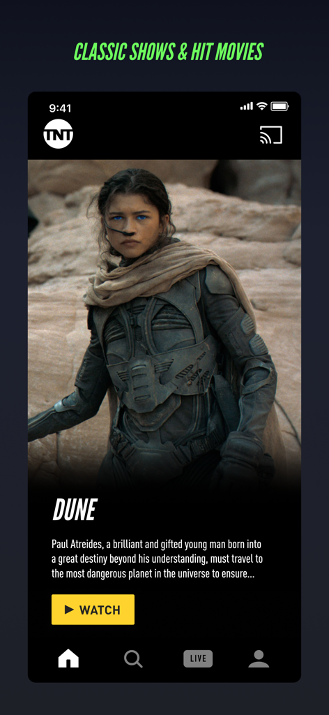 Watch TNT - Watch TNT App-Oberfläche, die den Film Dune anzeigt.