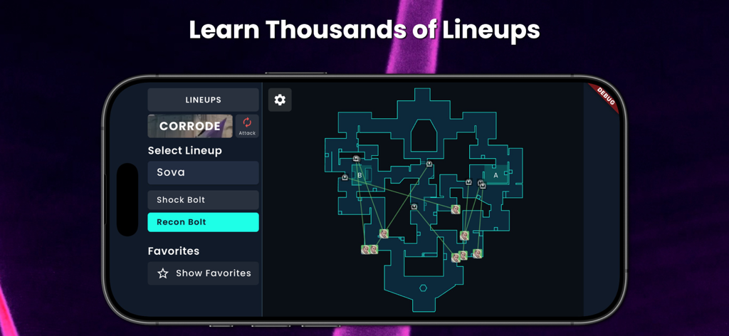 모바일 앱 인터페이스에 Corrode 맵의 Sova Recon Bolt 라인업 표시