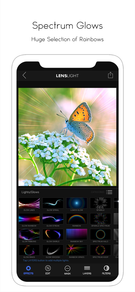 LensLight Visual Effects - iPhone showing LensLight app interface with spectrum glow rainbow lighting effects applied to a photo of a butterfly