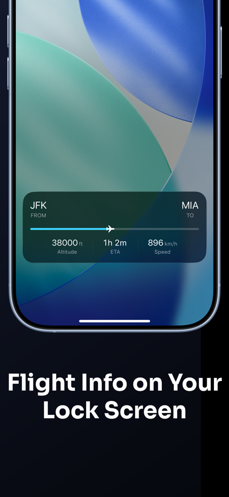 Sky Trace - Track Your Flight - An iPhone lock screen displaying Sky Trace live activity with flight altitude, speed, and ETA from JFK to MIA