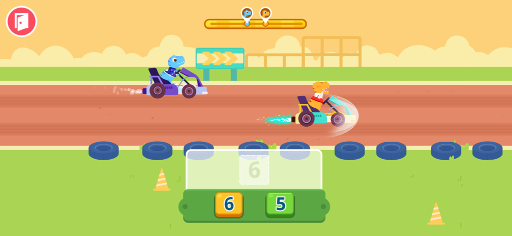 Deux dinosaures font la course en kart dans un jeu de mathématiques pour la reconnaissance des nombres préscolaires