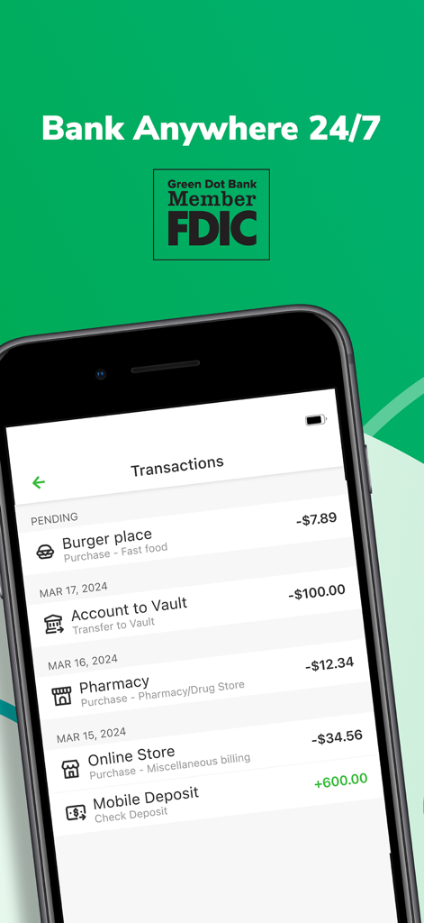 Interface do aplicativo Green Dot mobile banking mostrando histórico de transações com compras recentes e um depósito móvel em um smartphone.