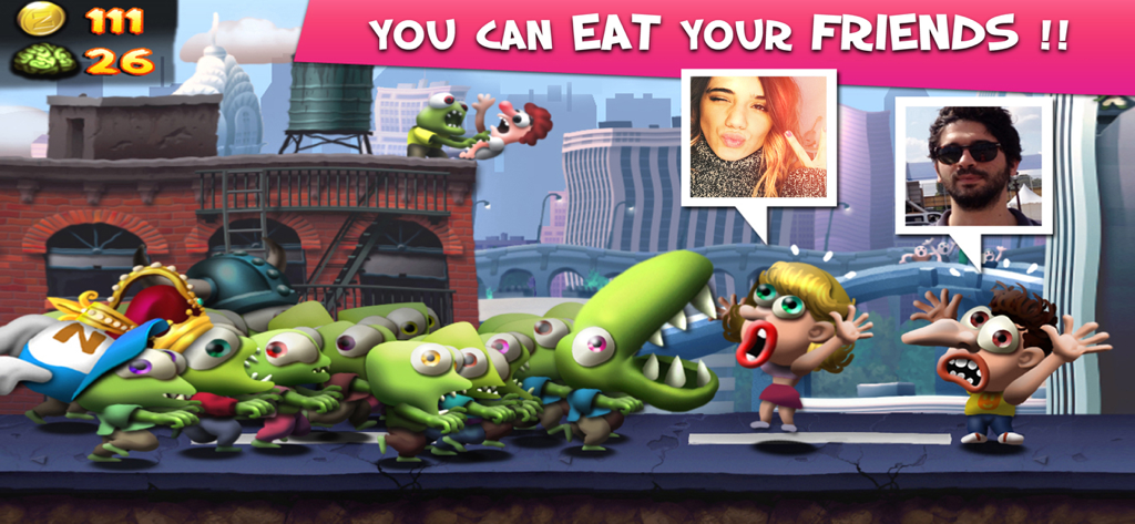 Zombie Tsunami - 도시 환경에서 친구 프로필 사진이 있는 캐릭터를 공격하는 좀비 무리를 보여주는 좀비 쓰나미 게임 플레이