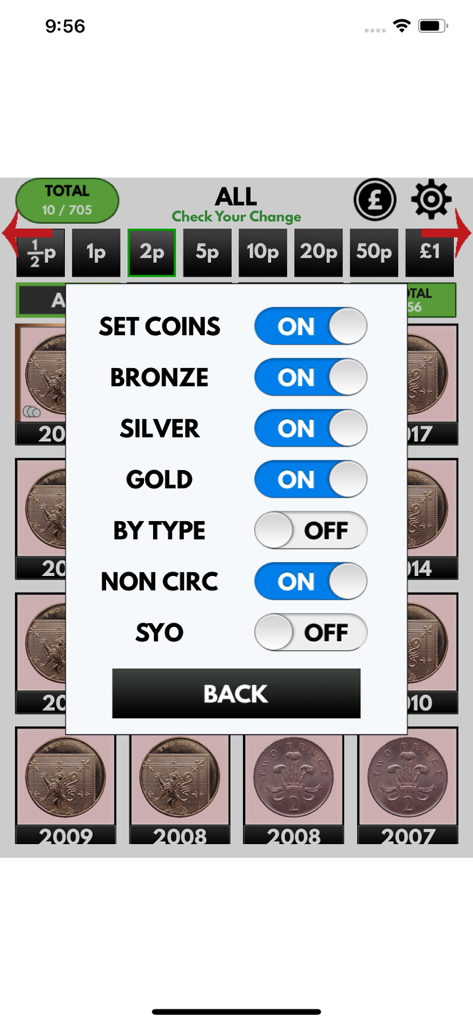Check Your Change - Filter settings menu in the Check Your Change app showing options to sort UK coins by rarity levels and types