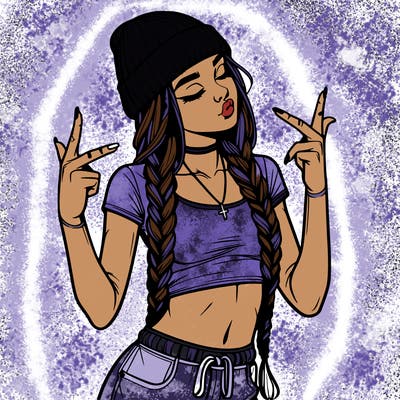 realistic teenage girl with braids and a beanie and crop top doing 🫶🏼