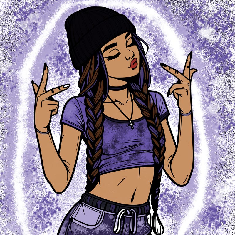 realistic teenage girl with braids and a beanie and crop top doing 🫶🏼