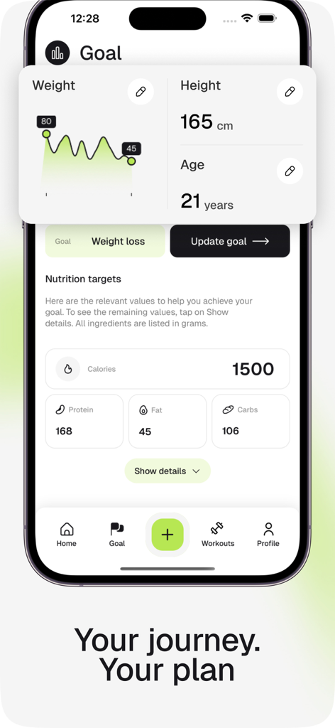 Calori — Calorie Counter, Diet - Un smartphone mostrando la pantalla de objetivos de la aplicación Calori con un gráfico de progreso de peso y objetivos de nutrición diarios para calorías y macronutrientes.