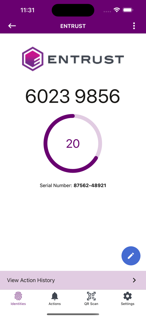 Entrust Identity app displaying a one-time passcode and security timer