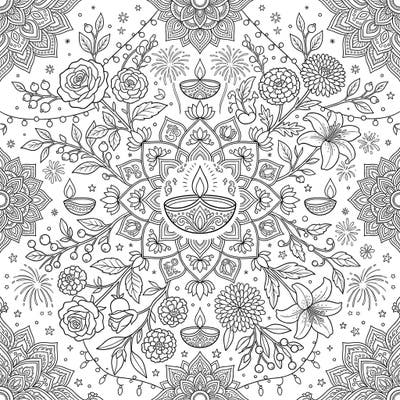 Immerse yourself in the festive spirit of Diwali with this stunning botanical art coloring page. Featuring a rich tapestry of flowers, leaves, and traditional diyas, it offers a captivating artistic challenge.