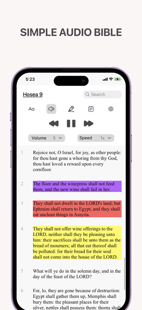 Interface of the Bible app showing an audio player and color-coded scripture highlights in the book of Hosea