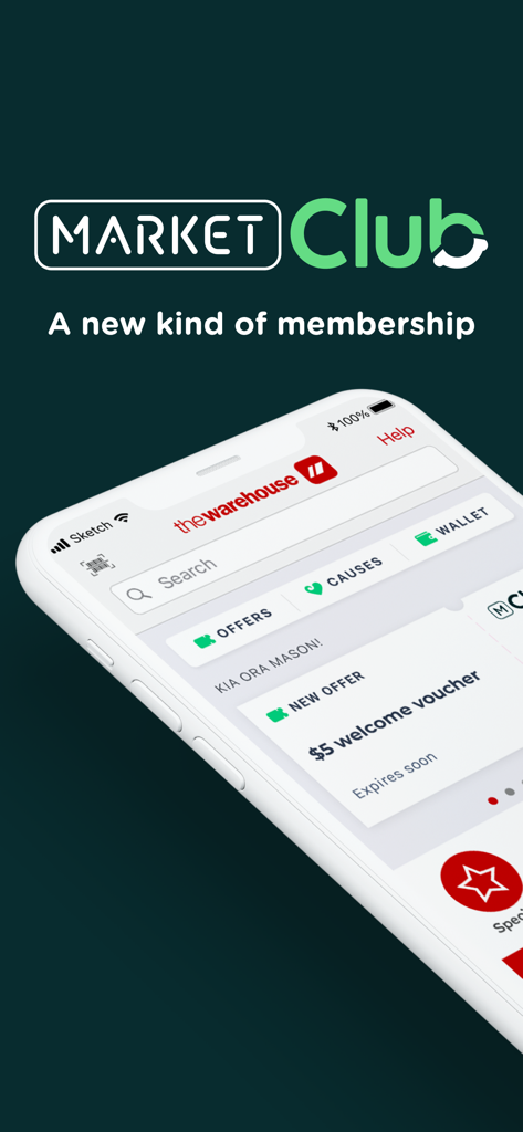 Tela do aplicativo móvel The Warehouse exibindo os recursos de associação do Market Club e um voucher de boas-vindas