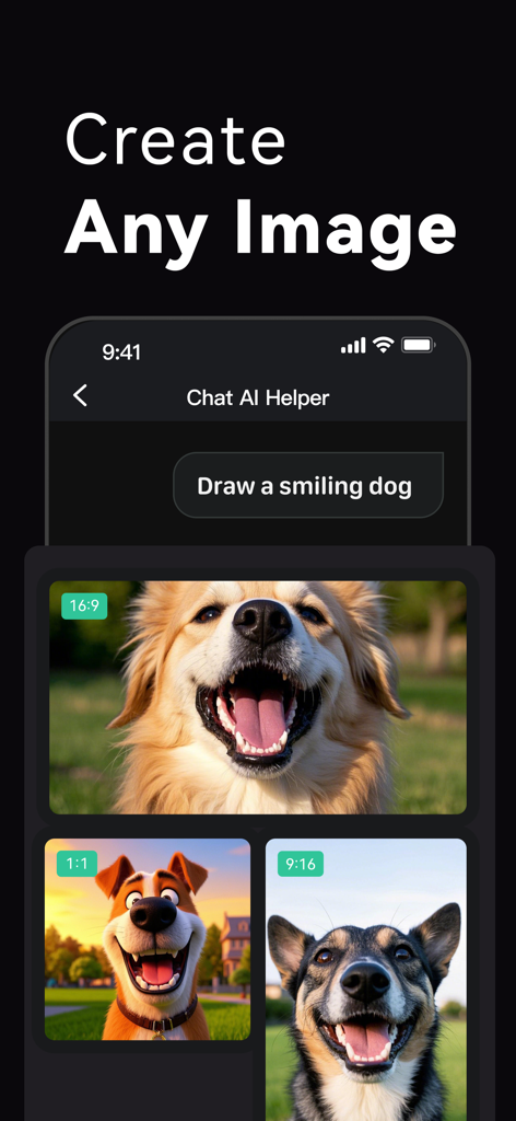 Chat AI 5 - Chatbot Assistant - Interface de l'application Chat AI 5 montrant des images générées par IA de chiens souriants dans différents rapports d'aspect basées sur une invite textuelle.