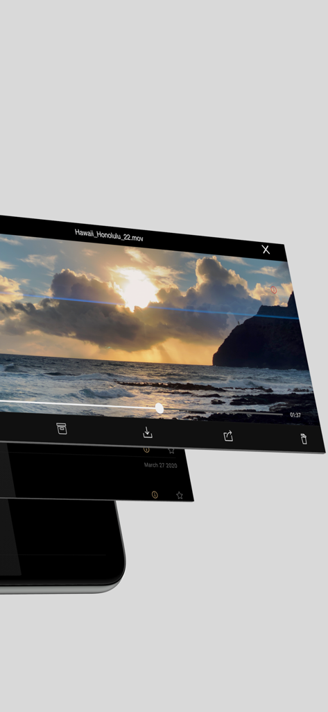 Beastcam app interface displaying video playback and file management options for organized filmmaking workflows