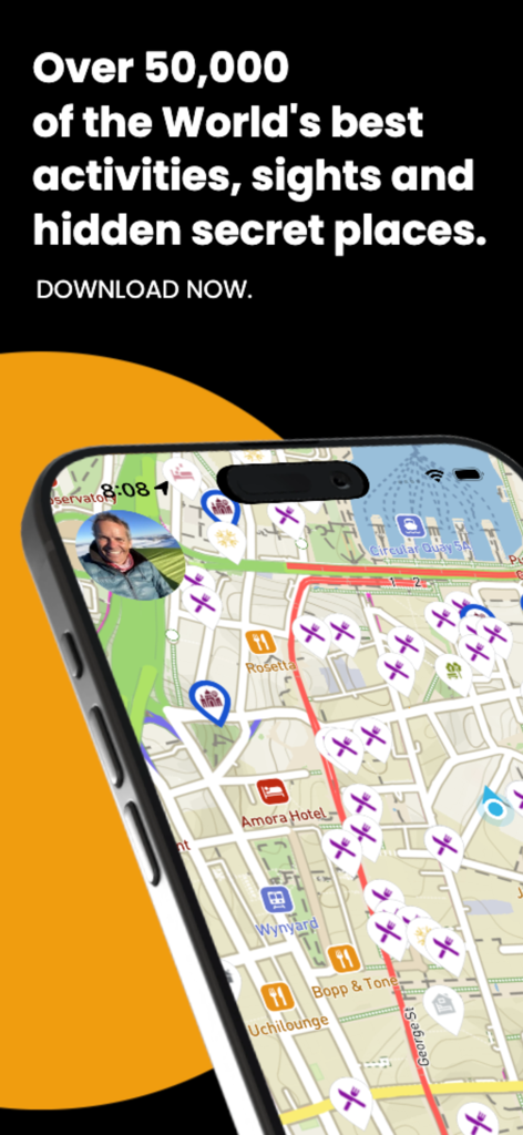 Explore by JAX - Explore by JAX app screen displaying a city map with diverse activity pins and points of interest.