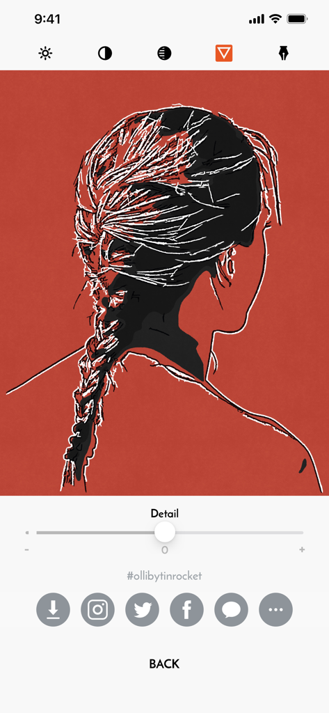 I capelli intrecciati di una donna convertiti in uno schizzo fatto a mano utilizzando l'app fotografica artistica Olli by Tinrocket.