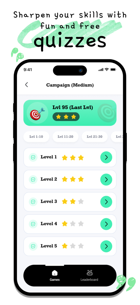 Spelling: Spelling Games - Screenshot of Spelling Games app showing levels in campaign mode with star ratings.