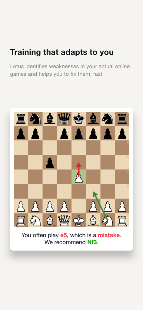 Écran de l'application Lotus Chess montrant des recommandations de coups personnalisées basées sur les erreurs du joueur