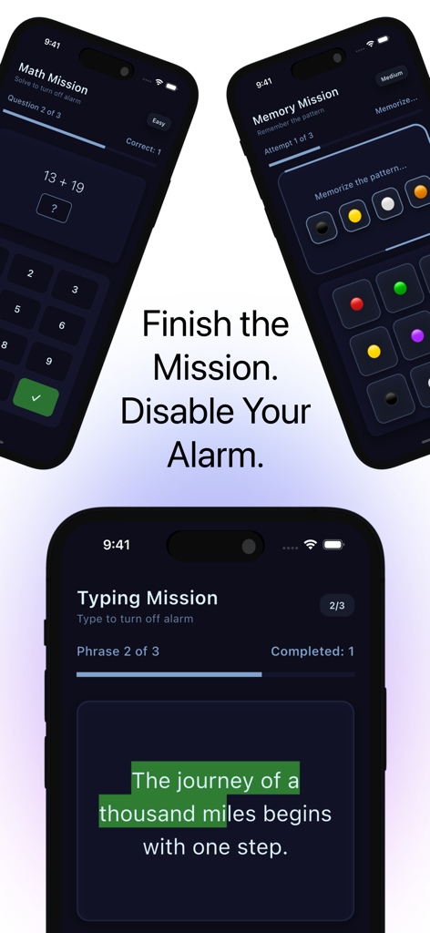 Snoozers: The End of Snoozing - Three phone screens showing math, memory, and typing missions used to disable the Snoozers alarm.