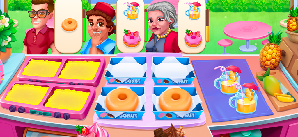 Gameplay view of Kitchen Crush showing customers waiting for donuts and orange juice at a restaurant counter