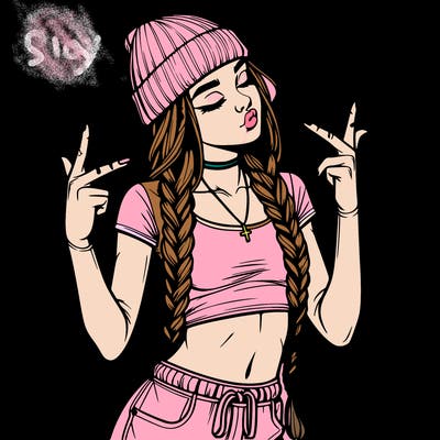realistic teenage girl with braids and a beanie and crop top doing 🫶🏼
