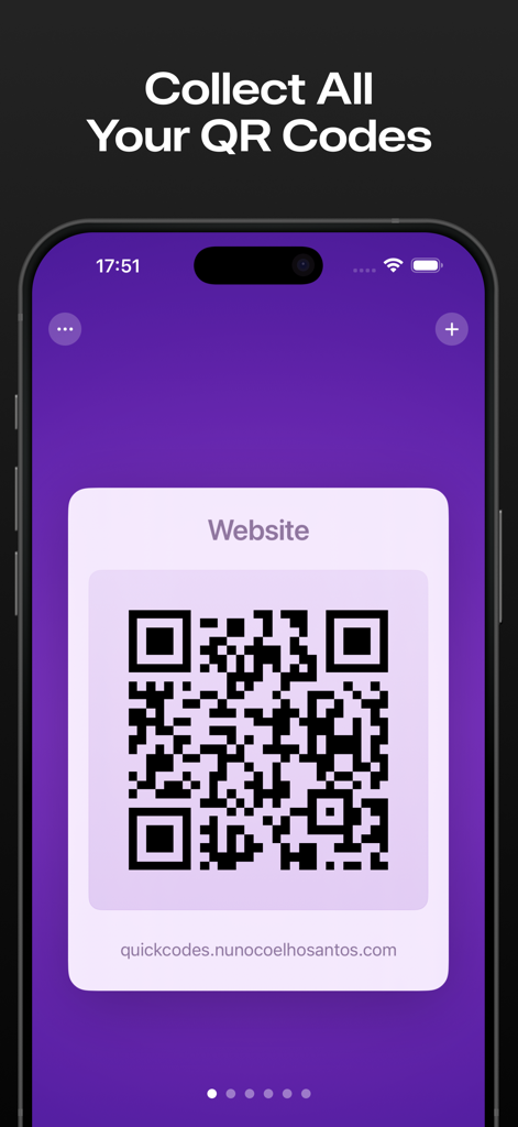 Quick Codes – QR Code Creator - A smartphone display showcasing the Quick Codes app interface with a website QR code and the text Collect All Your QR Codes