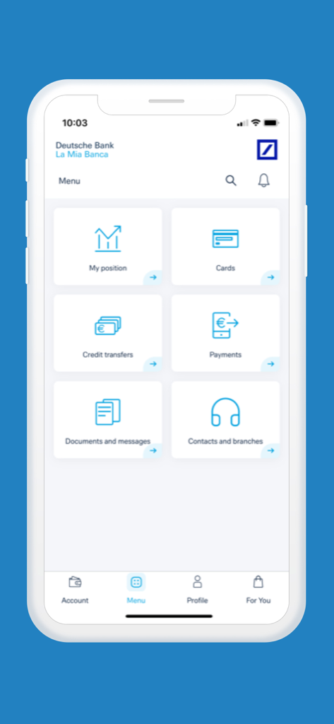 La Mia Banca - Main menu screen of the La Mia Banca mobile app showing tiles for accounts cards and payments