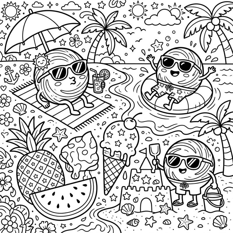 Get ready for an out-of-this-world summer adventure with our adorable Black Holes on Summer Vacation coloring page! These charming characters are soaking up the sun, building sandcastles, and enjoying refreshing treats by the ocean, offering a delightful scene for all ages to color.