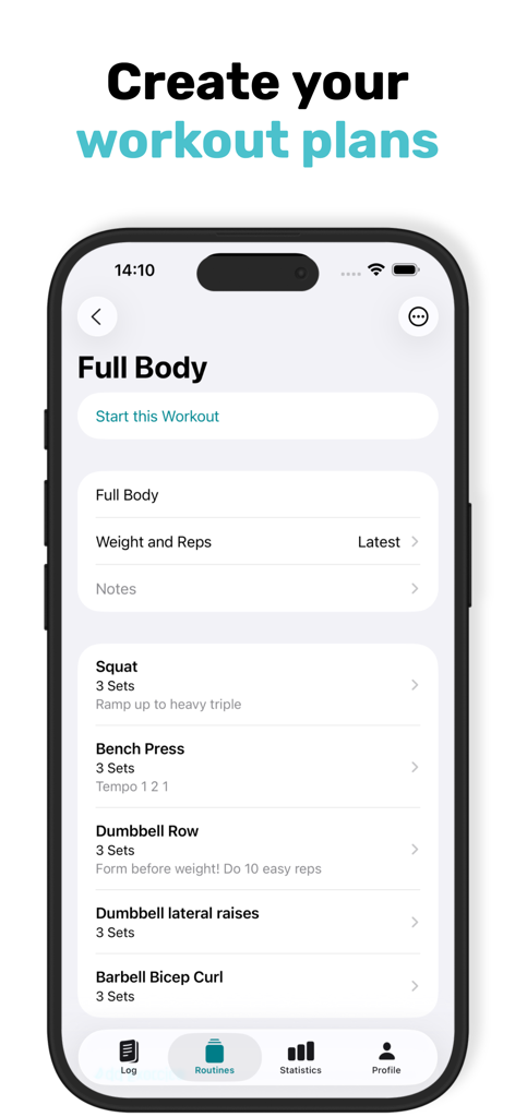 RepCount - Gym Workout Tracker - Interfaz de la app RepCount mostrando un plan de entrenamiento de gimnasio de cuerpo completo.