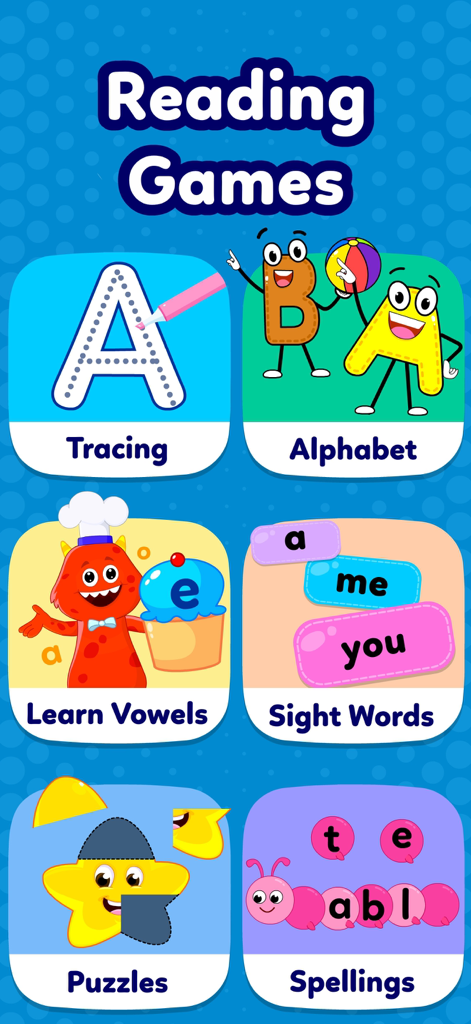 A selection of early childhood reading activities including letter tracing alphabet learning sight words and spelling games