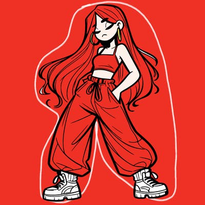 girl in baggy pants crop top and long hair