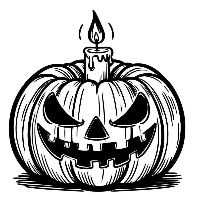 a halloween pumpkin with a scary expression and a glowing candle inside the pumpkin