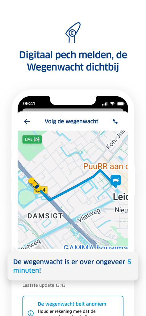 ANWB Onderweg & Wegenwacht - Screenshot of the ANWB app showing live map tracking for a roadside assistance vehicle with a 5 minute arrival estimate.