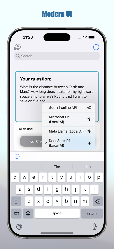 Smart AI: Local LLM & API Chat - Smart AI app interface showing a menu to select between local LLM models and online API options