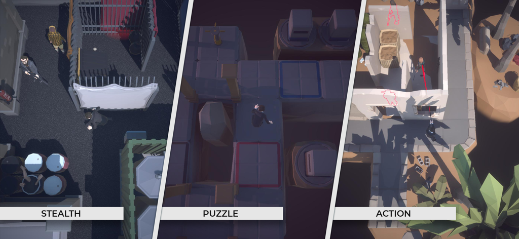 Agent Al - Collage of Agent Al gameplay showing stealth puzzle and action modes in a low poly style