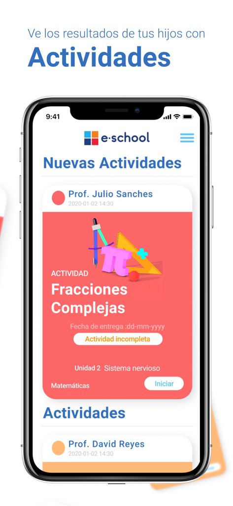 eschool padres - Interfaz de la aplicación eschool padres que muestra nuevas actividades escolares, incluida una lección de matemáticas sobre fracciones complejas