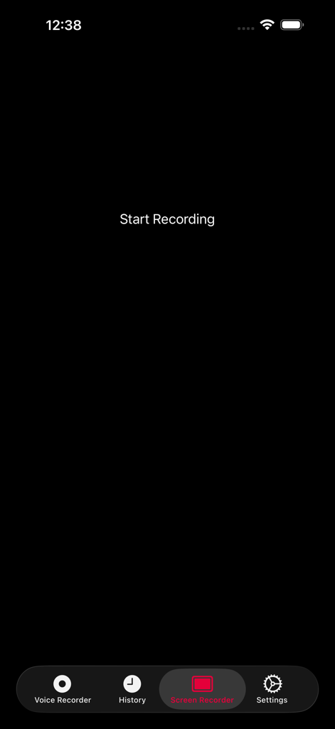 Voice Recorder, Voice Memos ™ - Interfaz de grabadora de pantalla de la aplicación Grabadora de Voz con un botón de inicio de grabación.