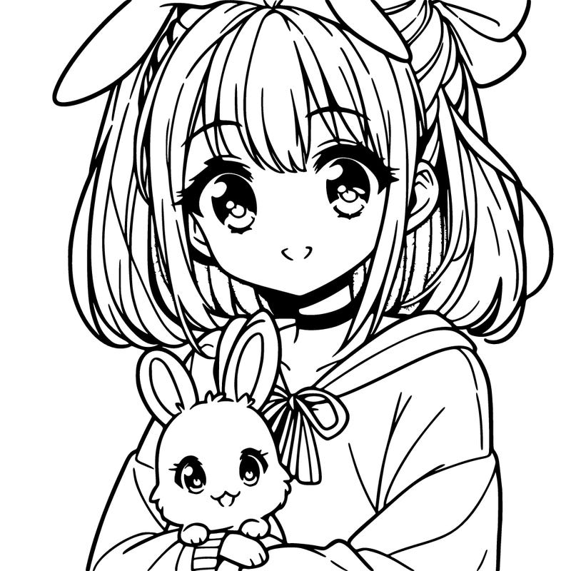 cute anime girl holding bunny
