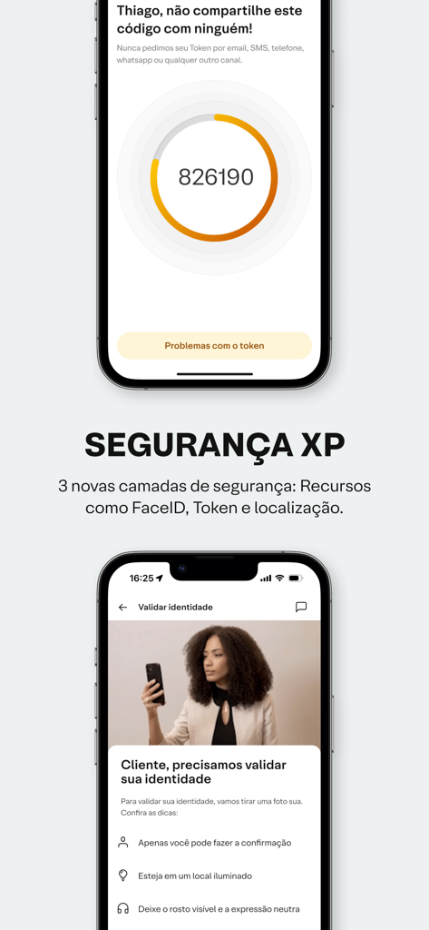 XP Investimentos - Die XP Investimentos App-Oberfläche zeigt Bildschirme zur Sicherheitsauthentifizierung und Identitätsprüfung