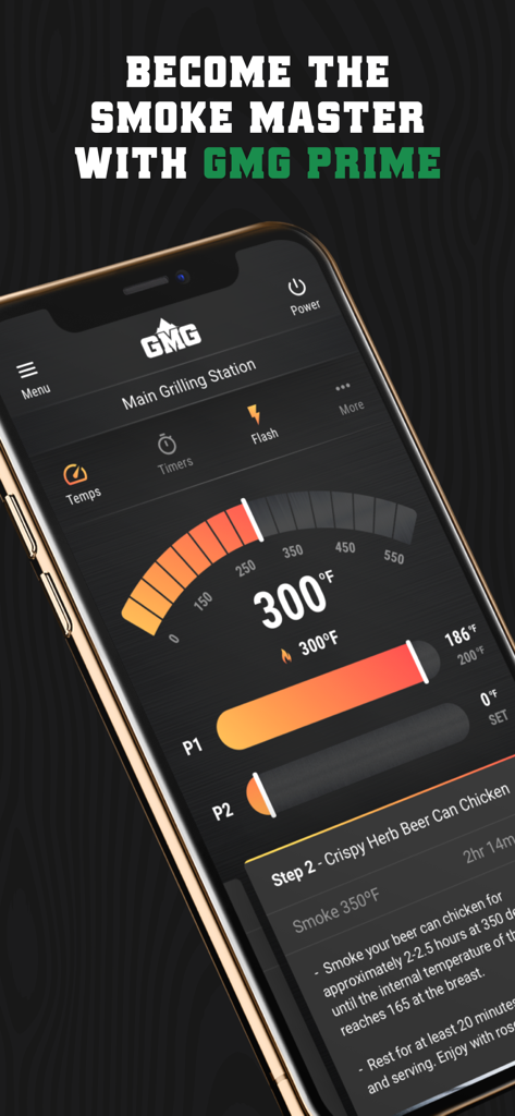 GMG Prime App - GMG Prime App-Oberfläche auf einem Smartphone, die die Grilltemperaturregelung und die Überwachung von Fleischfühlern zeigt