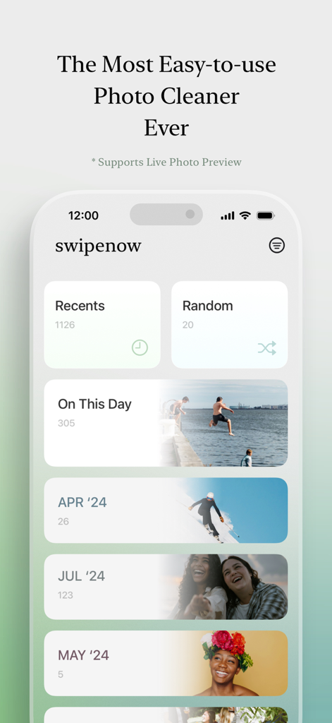 SwipeNow - Photo Cleaner - Interfaz de la aplicación limpiadora de fotos SwipeNow que muestra categorías de fotos organizadas y álbumes de recuerdos