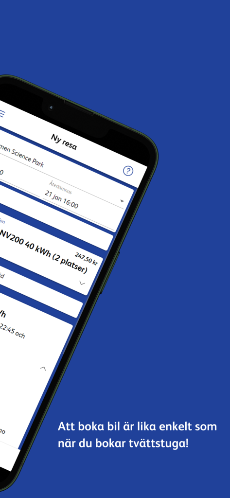 OKQ8 Bilpool - Mobile app interface for OKQ8 Bilpool showing a new trip booking for an electric car