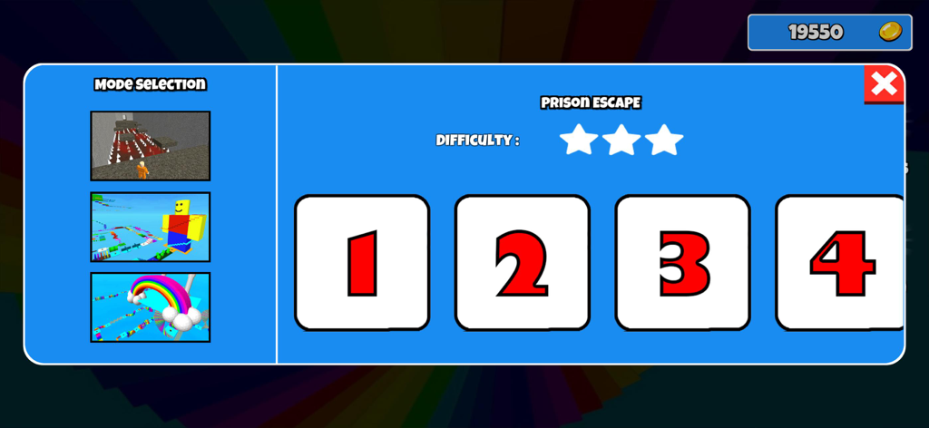 Escape Obby Prison - Level and mode selection menu in the Escape Obby Prison mobile game showing levels one through four