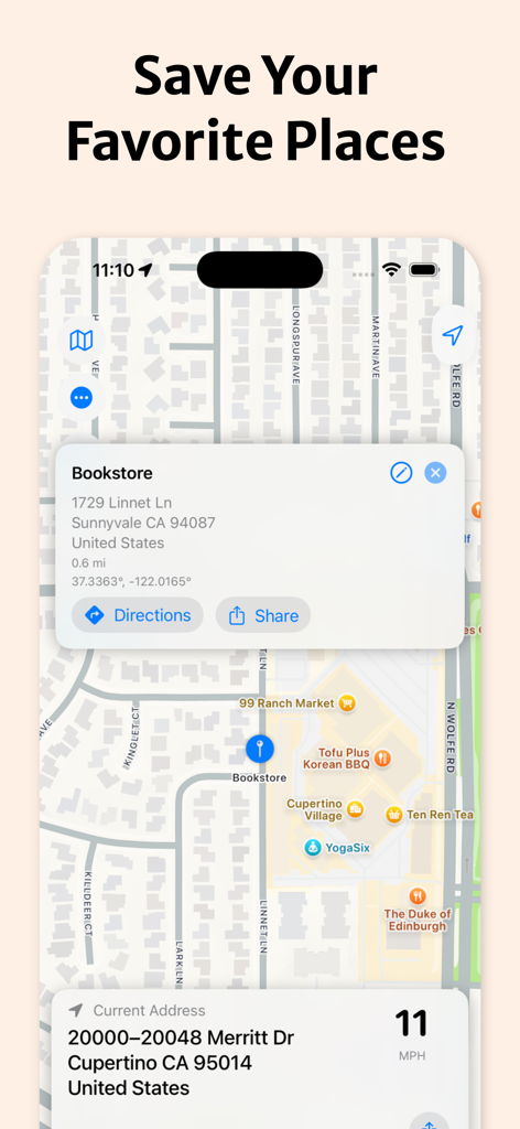 Interfaz de la aplicación Address Finder que muestra una ubicación de librería guardada en un mapa con la dirección actual y detalles de velocidad.