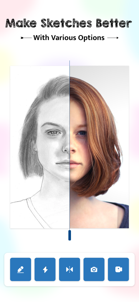 Una interfaz de pantalla dividida que muestra un boceto a lápiz junto a una foto de retrato real en la aplicación AR Drawing