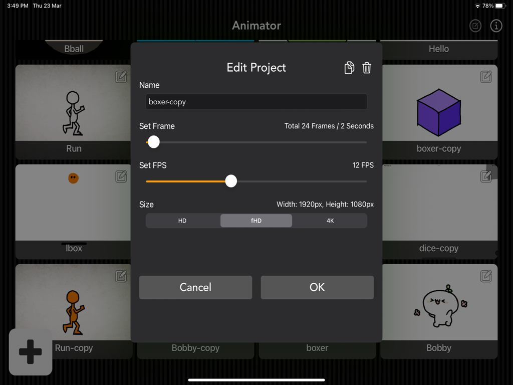 Animator Plus - Interface of the Animator Plus app showing project settings for frame rate and resolution on an iPad