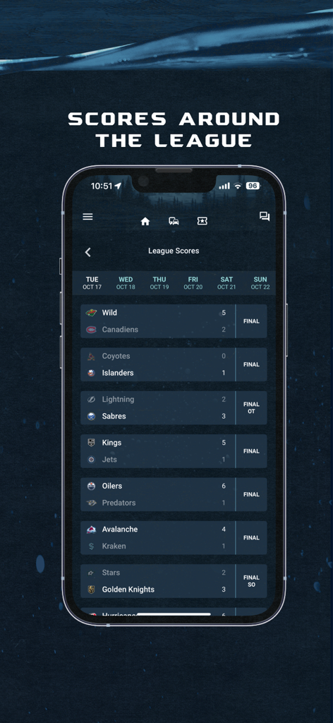 Seattle Kraken - Seattle Kraken app interface showing NHL league scores and game results